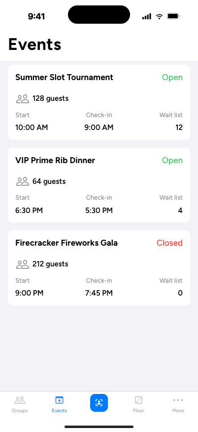 Events list screen
